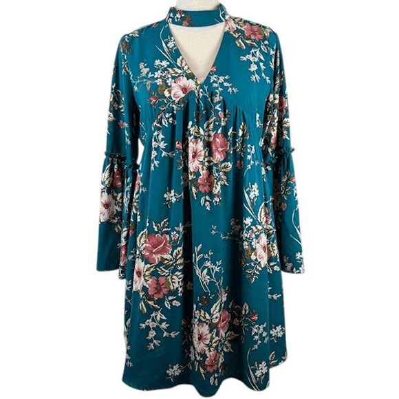 Altar'd State Floral Teal Long Sleeve Dress Empire Waist Bell Sleeves Size Small - Picture 1 of 11